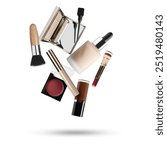 Different makeup products in air on white background