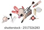 Different makeup products flying on white background