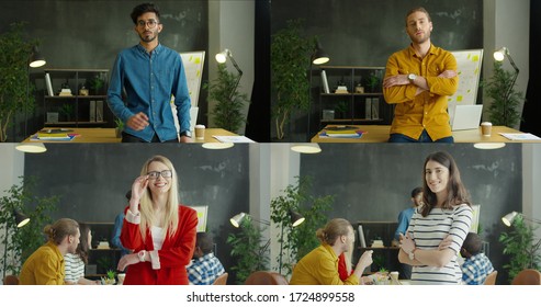 Different Male And Female Office Workers Smiling To Camera At Office. Collage Of Diverse Employees At Workplace. Portrait Of Happy Multiethnic Young Professionals At Workplaces At Team Meeting