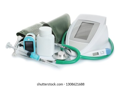 Different medical objects on white background. Health care