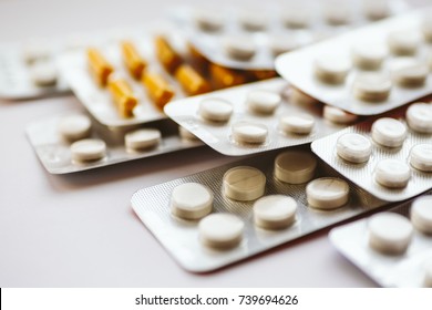 Different medicines: tablets, pills in blister pack, medications drugs, macro, selective focus, copy space - Shutterstock ID 739694626