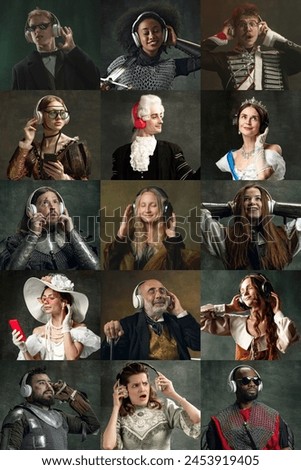 Different medieval men and women, famous people listening to music in modern headphones against dark background. Comparison of eras, modernity and renaissance, baroque style concept. Creative collage