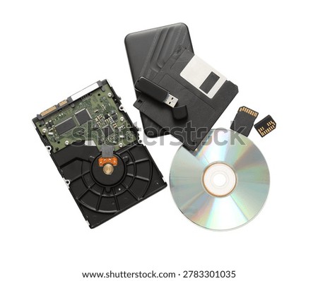 Different memory storage devices on white background