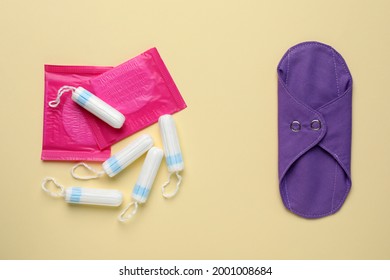 Different Menstrual Hygiene Products On Beige Background, Flat Lay