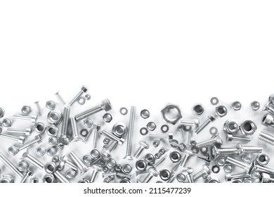 Different metal bolts and nuts on white background, top view - Shutterstock ID 2115477239