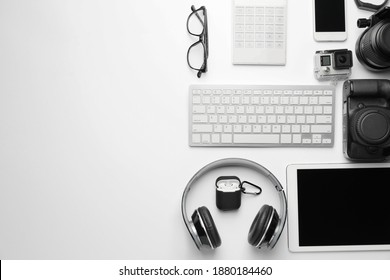 Different modern devices on white background