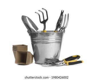 Different Modern Gardening Tools On White Background