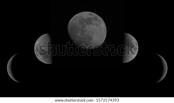 Different moon phases on\
black background