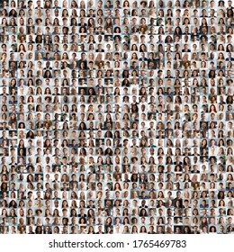 Lot different multiracial people headshots portraits in square collage mosaic image  Many hundreds diverse age   ethnicity people faces looking at camera collection  Social diversity concept 