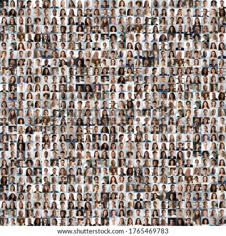 Lot of different multiracial people headshots portraits in square collage mosaic image. Many hundreds of diverse age and ethnicity people faces looking at camera collection. Social diversity concept.