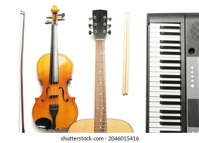 Different Musical Instruments On White Background