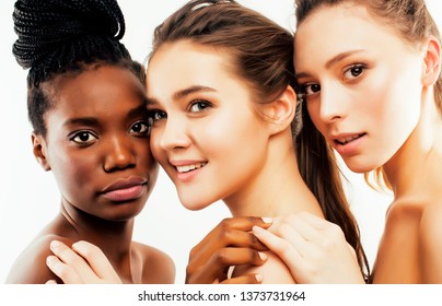 different nation woman: african-american, caucasian, asian together isolated on white background happy smiling, diverse type on skin, lifestyle people concept close up - Shutterstock ID 1373731964