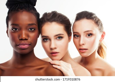 different nation woman: african-american, caucasian, asian together isolated on white background happy smiling, diverse type on skin, lifestyle people concept