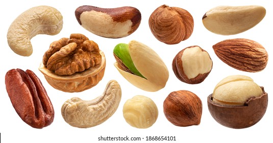 Different nuts collection, cashew, hazelnut, almond, brazil nut, walnut, peanut, pistachios, macadamia and pecan isolated on white background with clipping path - Shutterstock ID 1868654101