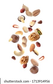 Different nuts falling on white background  - Shutterstock ID 1713914956