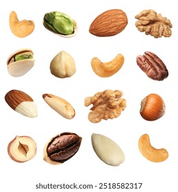 Different nuts on white background, collection. Pecan, walnut, pistachio, brazil nut, hazelnut, almond and cashew - Powered by Shutterstock