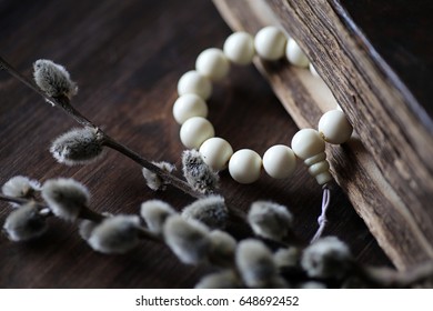 Different objects with traditional religious oriental on a wooden background
