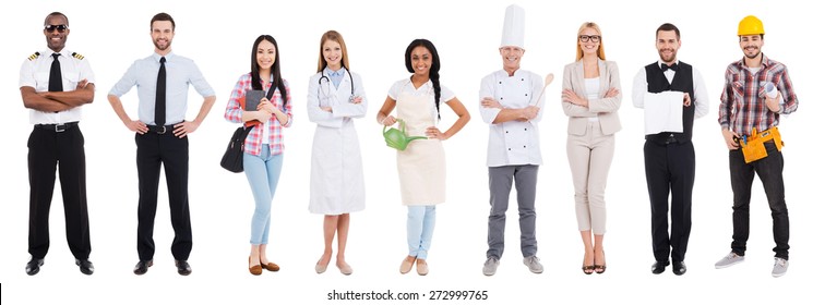 Different Occupations. Collage Of People In Different Occupations Standing Against White Background 