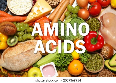 Different Organic Products, Top View. Sources Of Essential Amino Acids