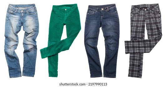 Different pants style. Blue jeans set isolated on white background with copy space. Top view and mock up clothes. Male female pants collage isolate. Autumn wear clothing - Shutterstock ID 2197990113