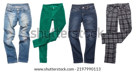 Different pants style. Blue jeans set isolated on white background with copy space. Top view and mock up clothes. Male female pants collage isolate. Autumn wear clothing