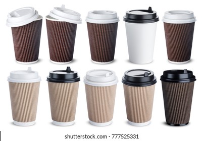 Different Paper Coffee Cup Isolated On White Background. Mock Up 