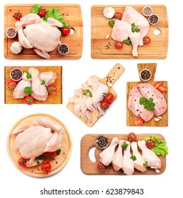 Different Parts Of Raw Chicken On White Background