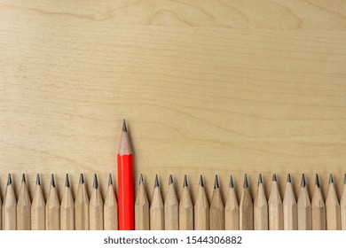 Different Pencil Standout From The Others Showing Concept Of Unique Business Thinking Different From The Crowd And Special One With Leadership Skill.