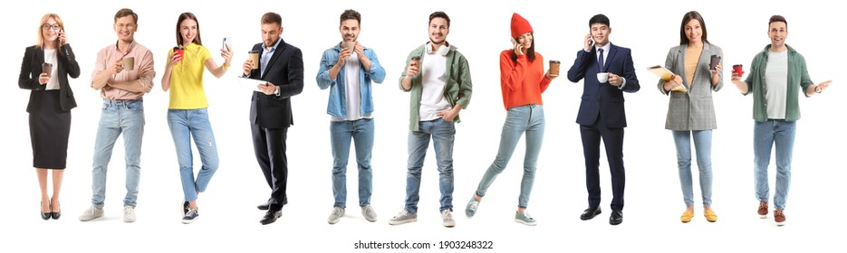 Different People With Cups Of Coffee On White Background