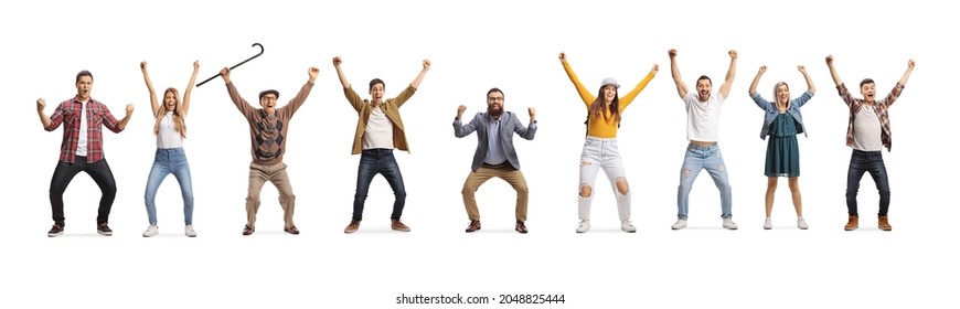 Different people gesturing happiness and standing in a row isolated on white background - Shutterstock ID 2048825444
