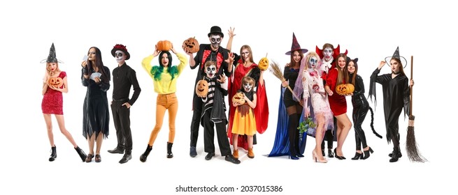 Different People In Halloween Costumes On White Background