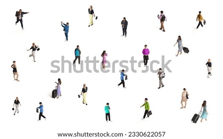 Different people, men and women doing diversity of tasks, working, travelling, walking. Conceptual collage. Isometric view. Concept of business, education, lifestyle and communication