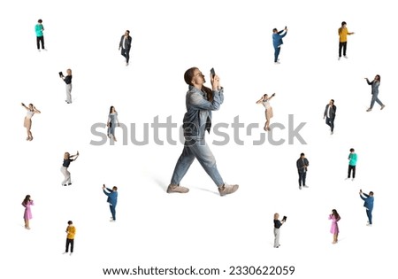 Different people, men and women using gadgets, taking selfie with phone,. Social media. Influencers. Conceptual collage. Isometric view. Concept of business, education, lifestyle and communication