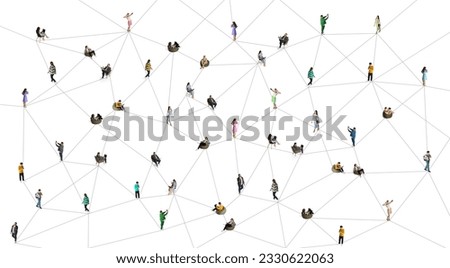 Different people, men and women using gadgets, phone, laptop for work and personal usage. Conceptual collage. Isometric view. Concept of business, education, lifestyle, communication