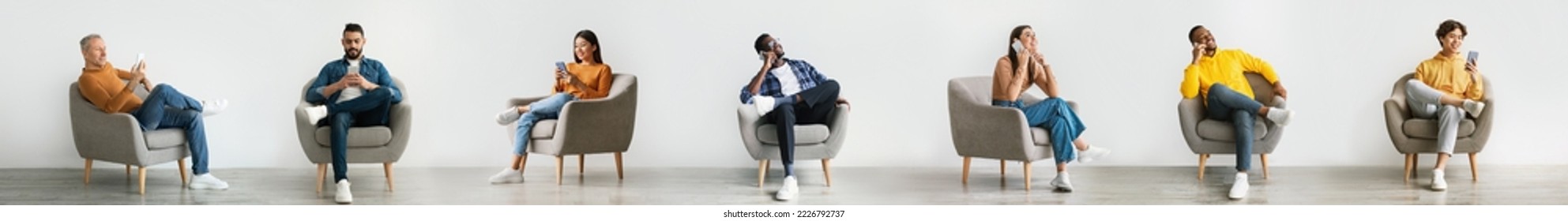 Different People Relaxing With Mobile Phones While Sitting In Armchairs At Home, Diverse Multiethnic Men And Women Talking On Cellphones Or Browsing Internet While Resting With Modern Gadget, Collage - Powered by Shutterstock