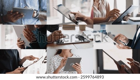 Different people using digital tablets at home and workplaces, multiple collage close up view. Modern wireless innovative technologies usage for business, workflow and leisure, remote communication