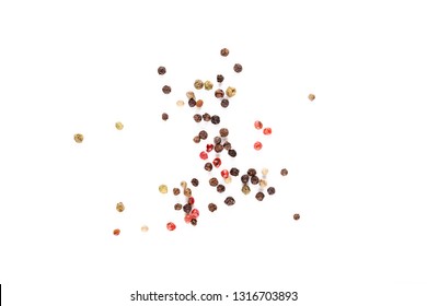 Different pepper mix isolated on white background. Black, red and white peppercorns macro closeup top view