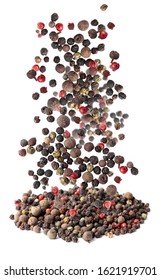 Different Peppercorns Falling Into Pile On White Background