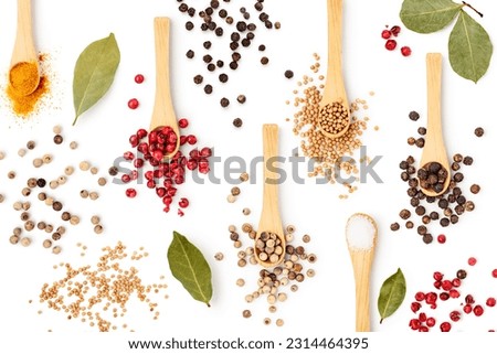 Different peppercorns in spoon, bay leaf, salt, turmeric and mustard seeds creative layout. Spices isolated on white background. Flat lay. Design element. Healthy eating and food concept
