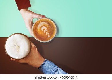 Different Personalities Taste In Beverage Of People Concept, Difference Diverse Character Of Human Concept, Present By Hand Of Male And Female Holding Coffee Cup And Glass Of Beer, Top View