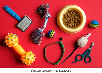 Different Pet Care Accessories And Bowl Of Dry Food On Red Background. Top View, Flat Lay.