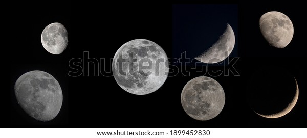 Different phases of the Moon arranged in one\
wide-angle night\
background