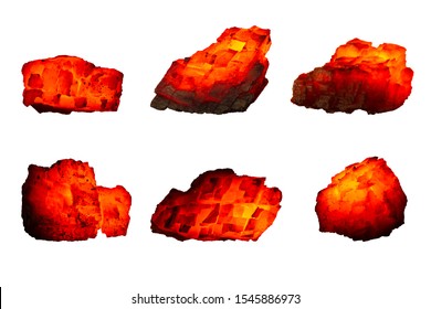 Different Pieces Of Hot Coal Isolated On A White Background Close Up. A Group Of Burning Coals Of Various Shapes And Temperatures. Raw Coal Mine Nuggets On Fire For Power And Fuel  Industry