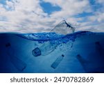 Different plastic garbage in ocean. Environmental pollution