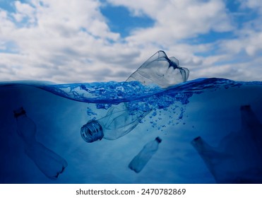 Different plastic garbage in ocean. Environmental pollution