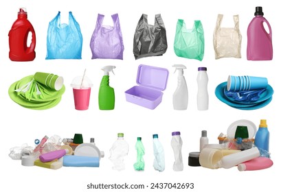 Different plastic items isolated on white, set