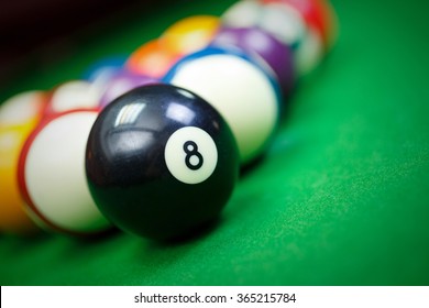 Different Points Of View Billiard Balls On A Blue Pool Table,Black Number Eight