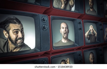different portraits of people with sad or angry expressions inside old televisions.