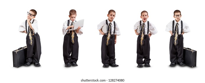 Different pose of a little boy in oversized business suit