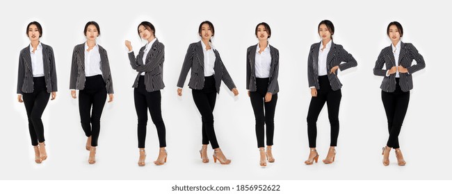 Different Pose Of Same Asian Woman Full Body Portrait Set On White Background Wearing Formal Business Suit In Studio Collection .